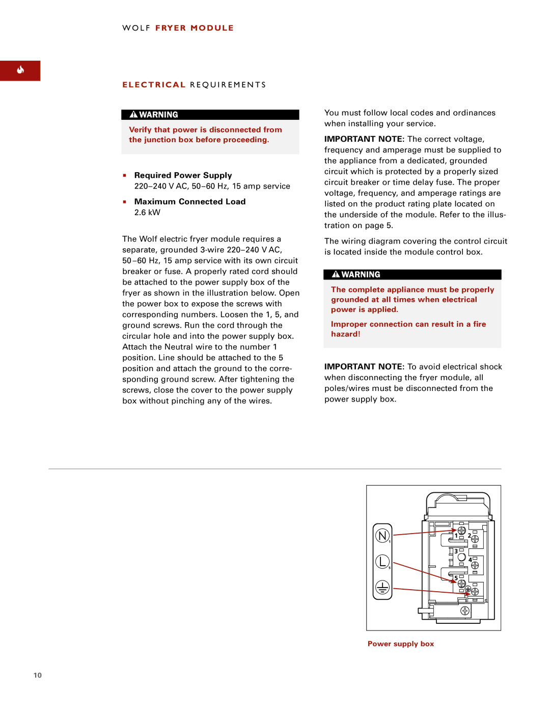 Wolf ICBIF15/S installation instructions Electrical R E Q U I R E M E N T S, Required Power Supply, Maximum Connected Load 