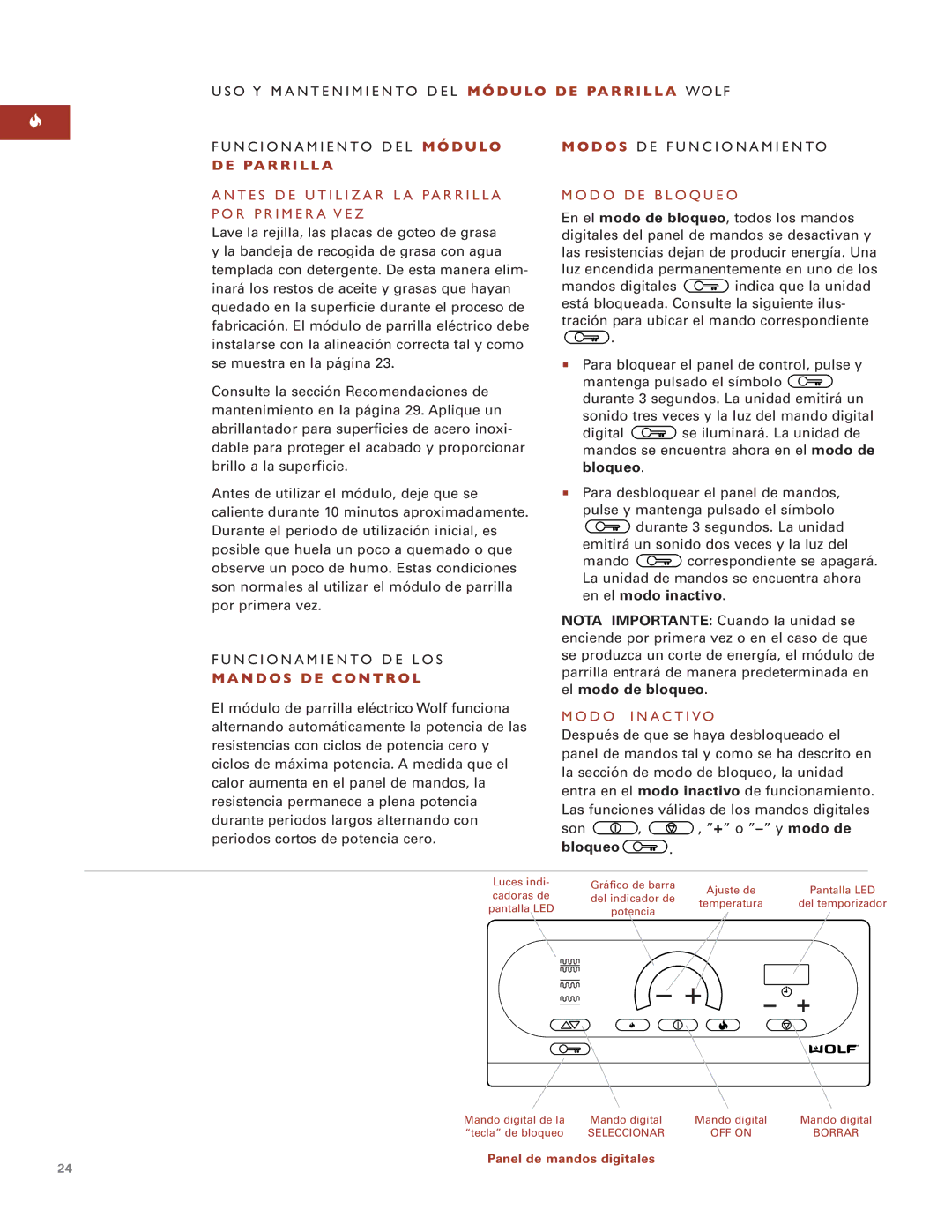 Wolf ICBIG15 manual N D O S D E C O N T R O L, D O D E B L O Q U E O, D O I N Ac T I Vo, Bloqueo 