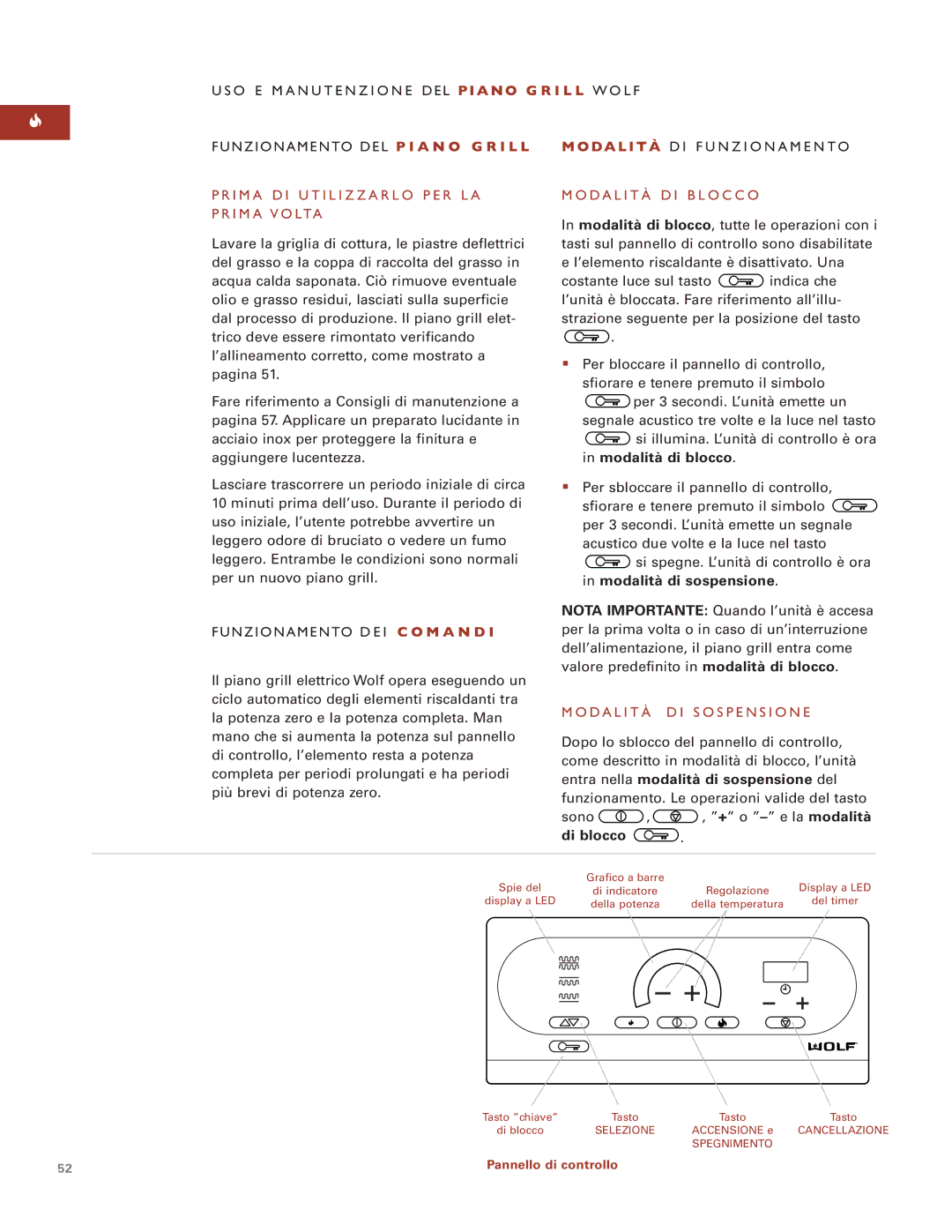 Wolf ICBIG15 manual Funzionamento DEL P I a N O G R I L L, Modalità di blocco, Di blocco 