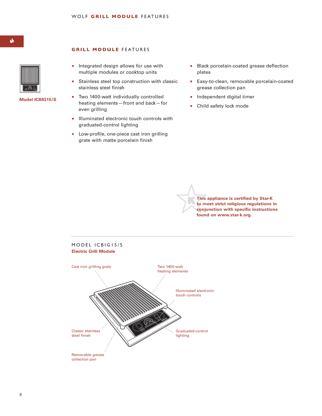 Wolf ICBIG15 manual Wo L F G R I L L M O D U L E F E At U R E S, Electric Grill Module 