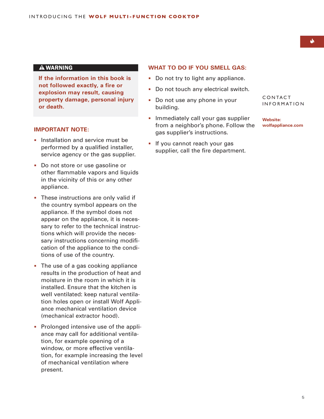 Wolf ICBIM15 manual Important Note, What to do if YOU Smell GAS 