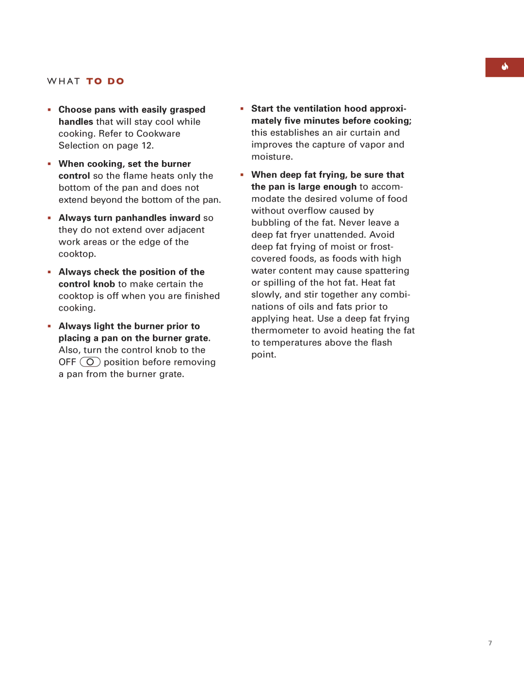 Wolf ICBIM15 manual When cooking, set the burner, Always turn panhandles inward so, Always check the position 