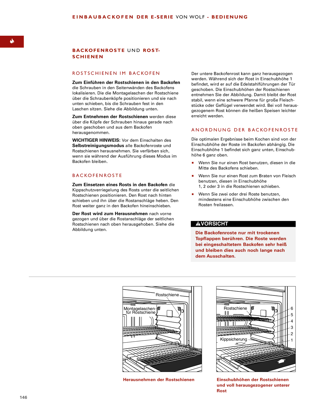 Wolf ICBSO30-2U/S manual S T S C H I E N E N I M B a C KO F E N, C Ko F E N R O S T E, Herausnehmen der Rostschienen 