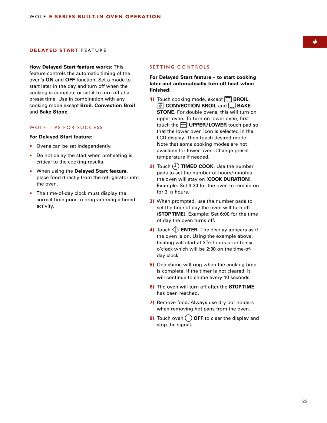 Wolf ICBSO30-2F/S, ICBSO30-2U/S manual For Delayed Start feature 