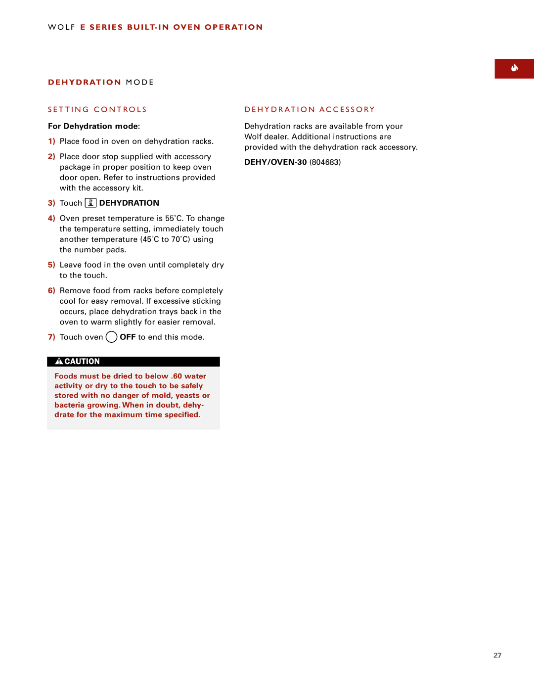 Wolf ICBSO30-2F/S, ICBSO30-2U/S L F E Series BUILT- in Oven Operation Dehydration M O D E, DEHY/OVEN-30, Touch Dehydration 
