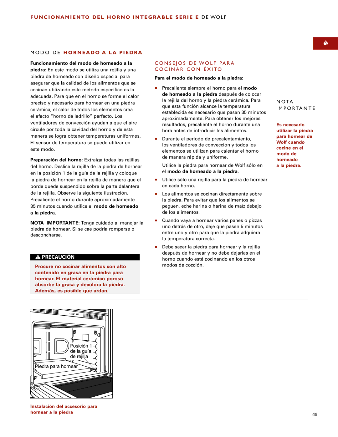 Wolf ICBSO30-2F/S, ICBSO30-2U/S manual Ota P O Rta N T E, Funcionamiento del modo de horneado a la, La piedra 