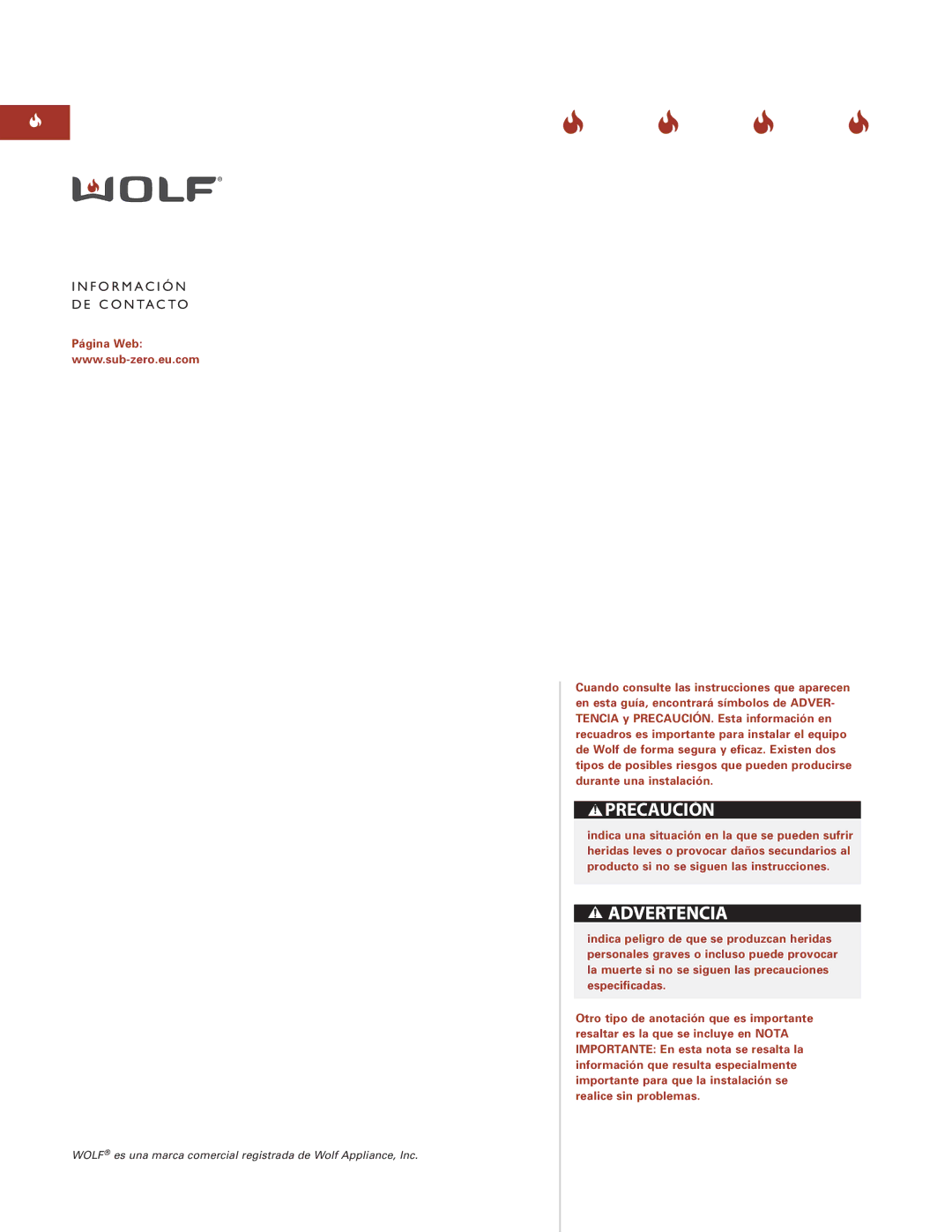Wolf ICBSRT304 installation instructions Precaución, Información DE Contacto 