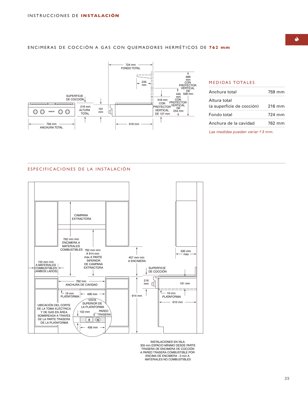 Wolf ICBSRT304 installation instructions Medidas Totales, Especificaciones DE LA Instalación 