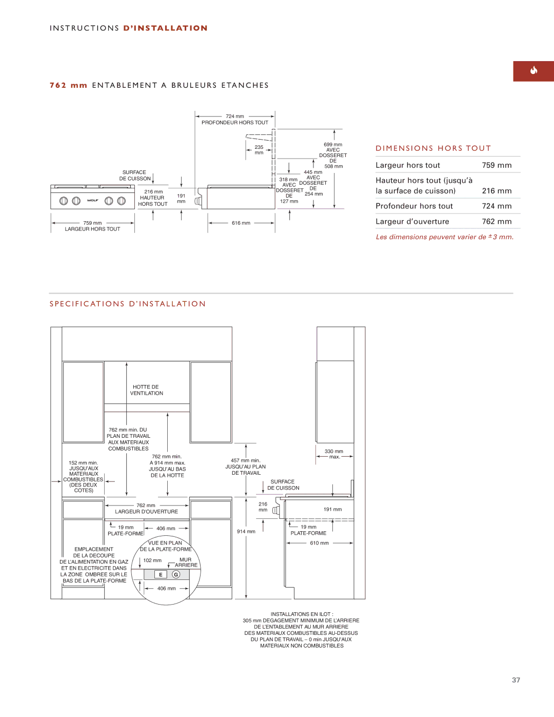Wolf ICBSRT304 installation instructions Dimensions Hors Tout, Specifications D’INSTALLATION 