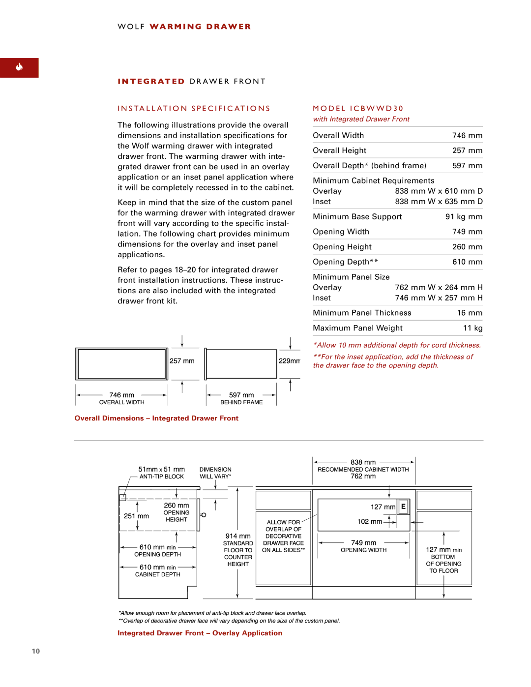 Wolf ICBWWD30 Wolf WA R M I N G D R AW E R T E G R AT E D Drawer Front, Installation Specifications 