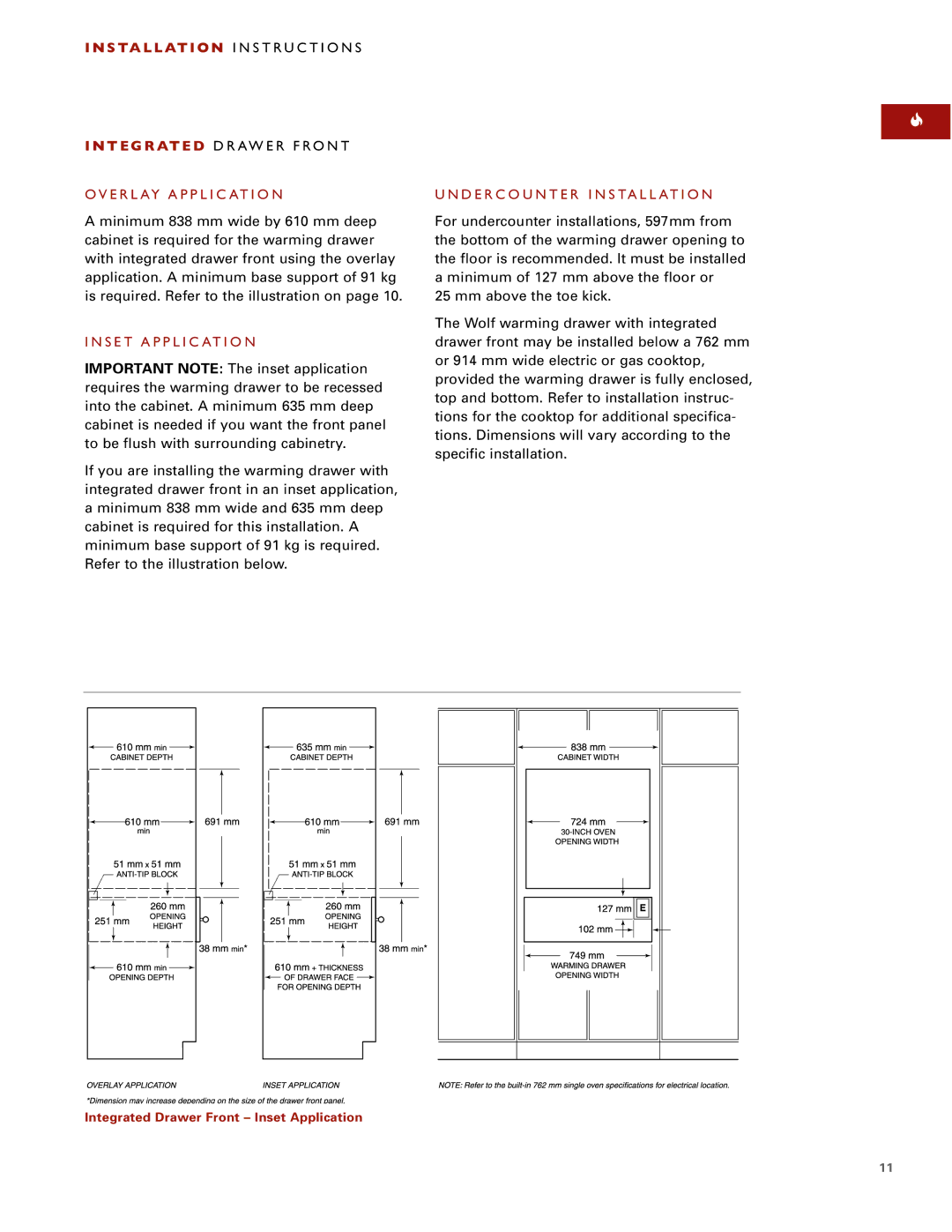 Wolf ICBWWD30 installation instructions Overlay Application, Inset Application 