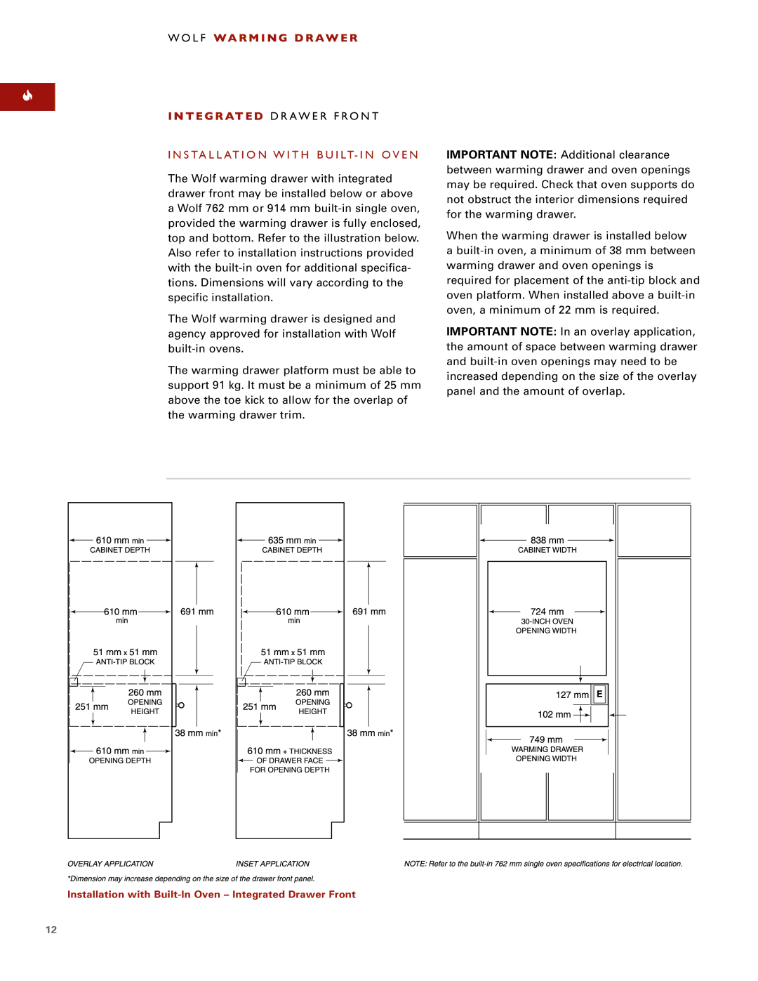 Wolf ICBWWD30 installation instructions Installation with Built-In Oven Integrated Drawer Front 