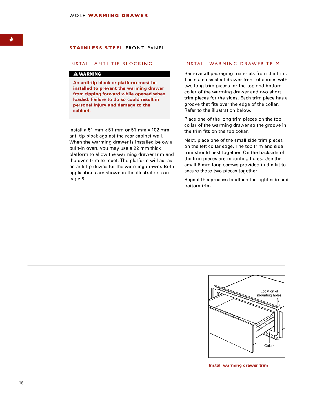 Wolf ICBWWD30 installation instructions Install Anti TIP Blocking, Install Warming Drawer Trim 