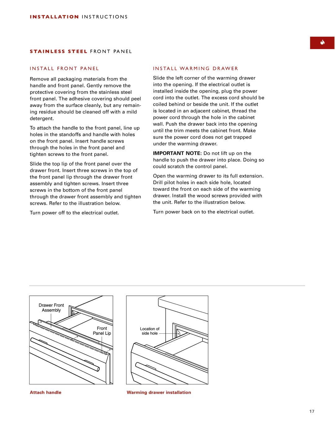 Wolf ICBWWD30 installation instructions Install Front Panel, Install Warming Drawer 