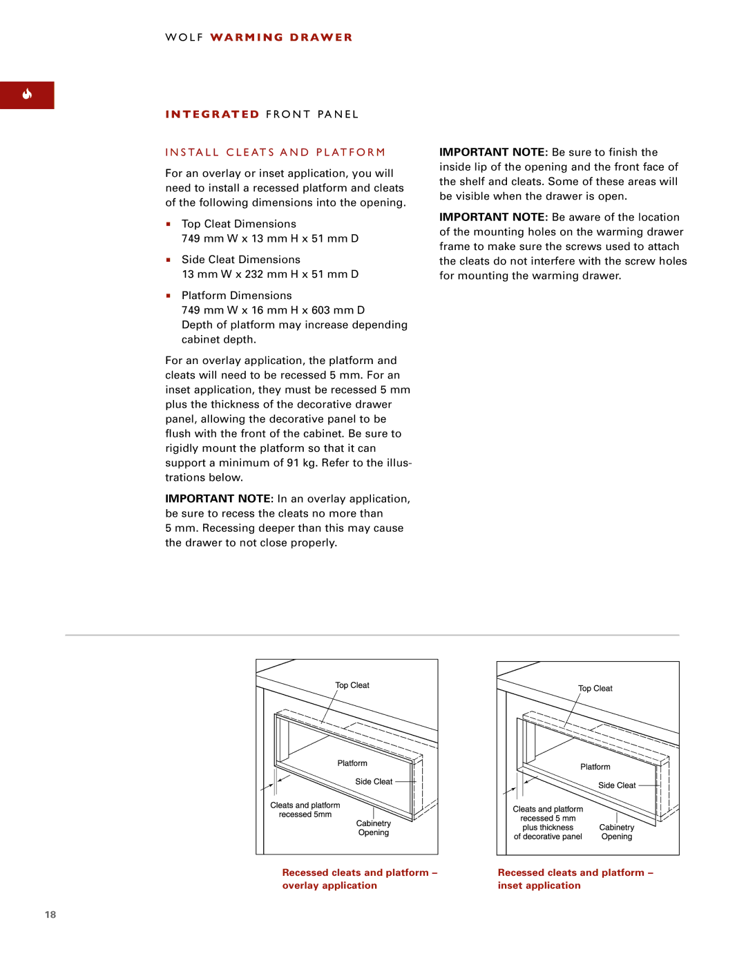 Wolf ICBWWD30 Wolf WA R M I N G D R AW E R T E G R AT E D Front Panel, Install Cleats and Platform 