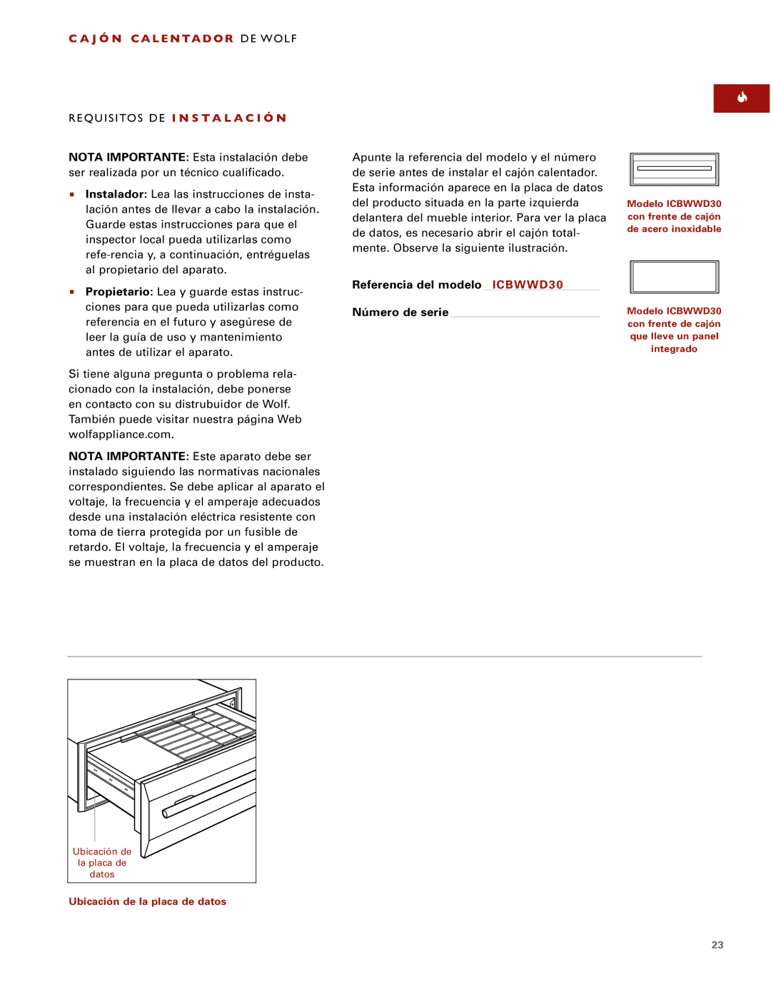 Wolf installation instructions Referencia del modelo ICBWWD30 Número de serie 