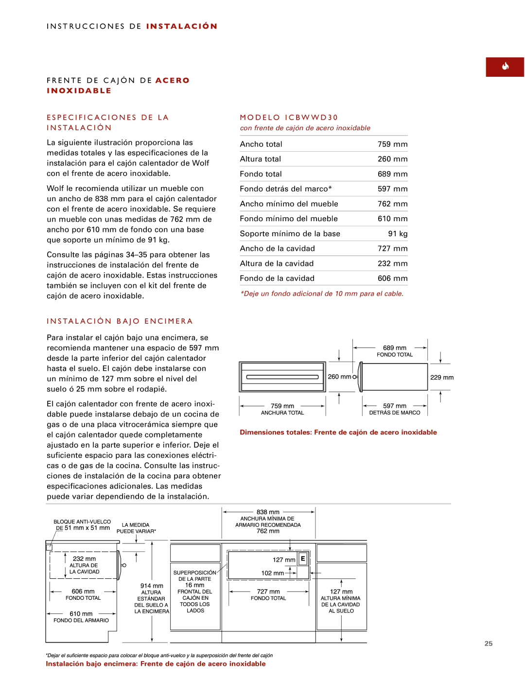 Wolf Instrucciones DE I N S TA L a C I Ó N, Ox I Da B L E, Especificaciones DE LA Instalación, Modelo ICBWWD30 