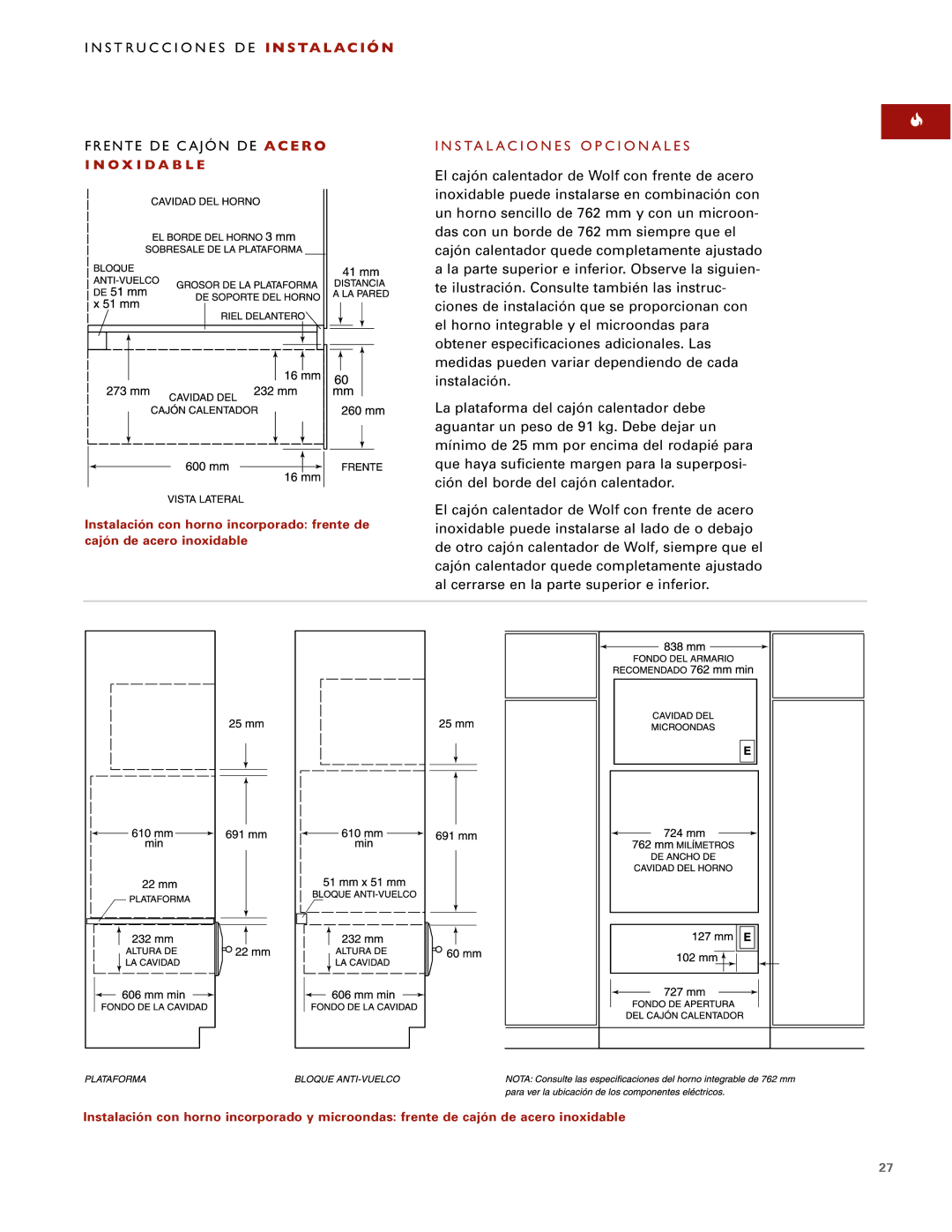 Wolf ICBWWD30 installation instructions Instalaciones Opcionales 