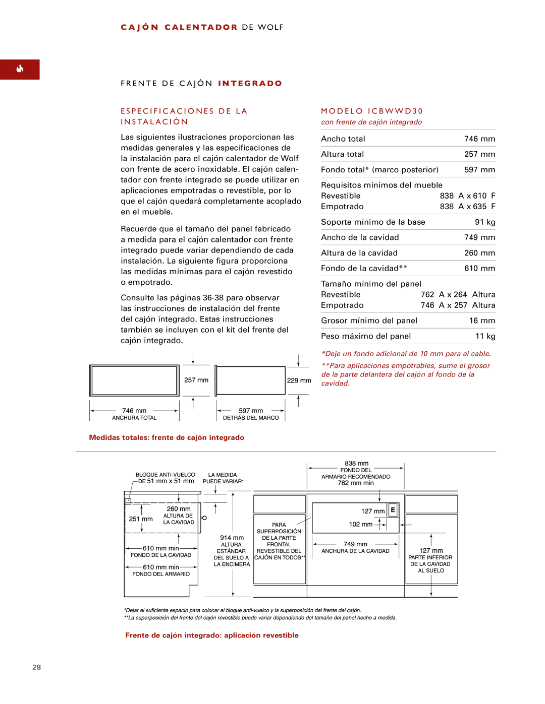 Wolf installation instructions Modelo ICBWWD30 con frente de cajón integrado 