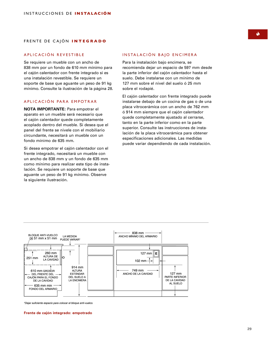 Wolf ICBWWD30 installation instructions Aplicación Revestible, Aplicación Para Empotrar 