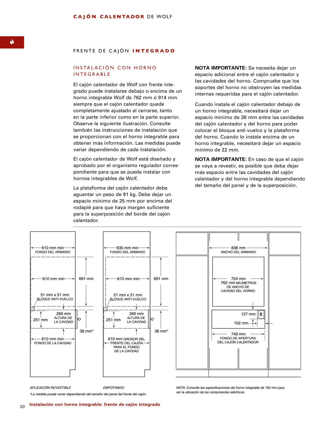 Wolf ICBWWD30 installation instructions Instalación con horno integrable frente de cajón integrado 