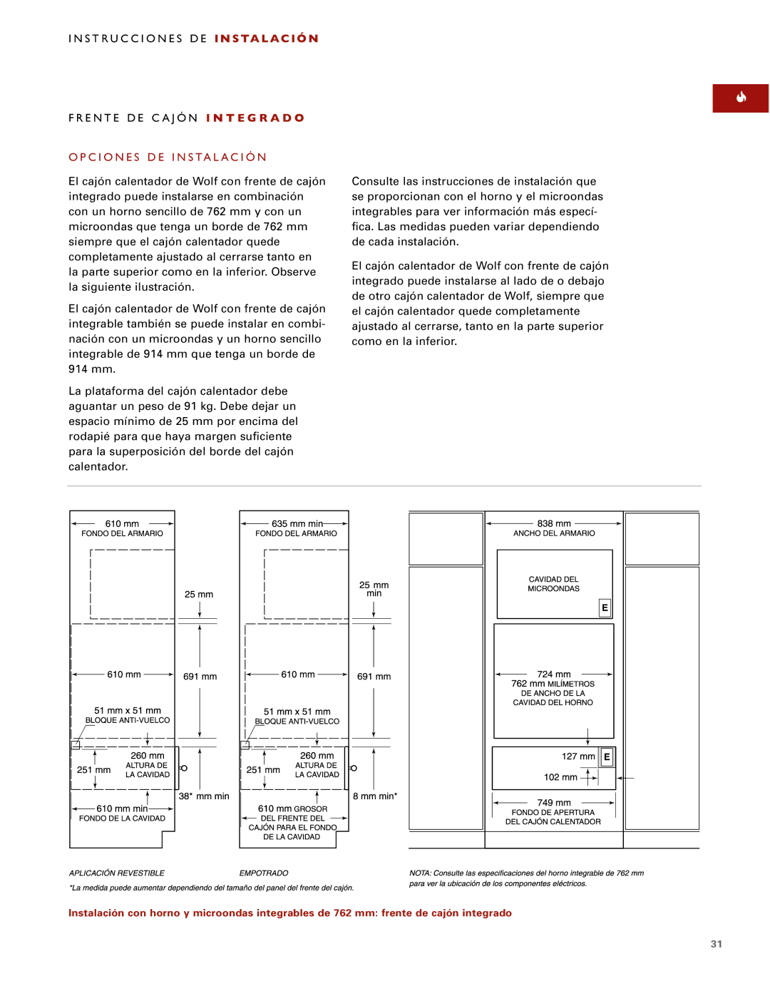 Wolf ICBWWD30 installation instructions Opciones DE Instalación 