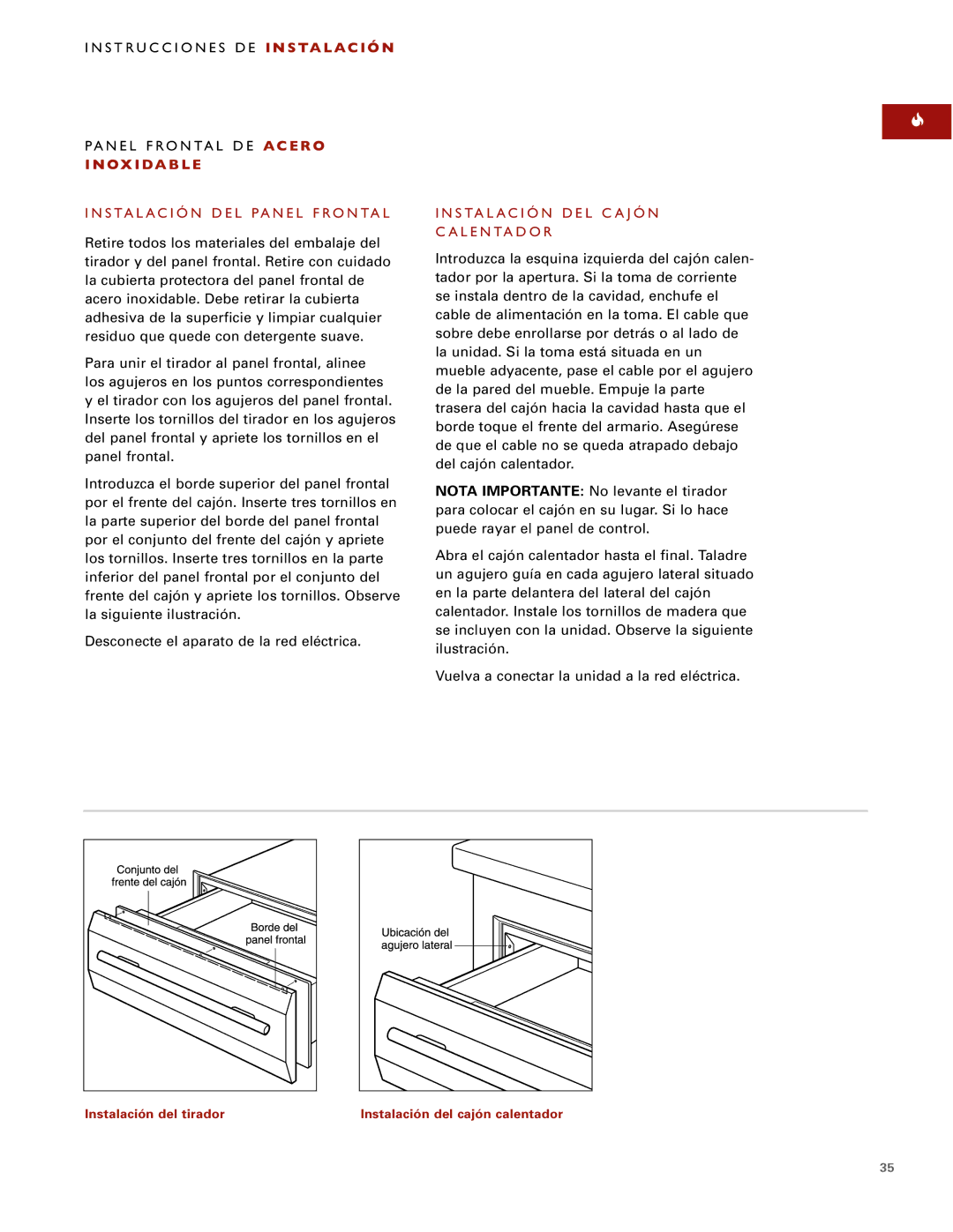 Wolf ICBWWD30 installation instructions Instalación DEL Panel Frontal, Instalación DEL Cajón Calentador 