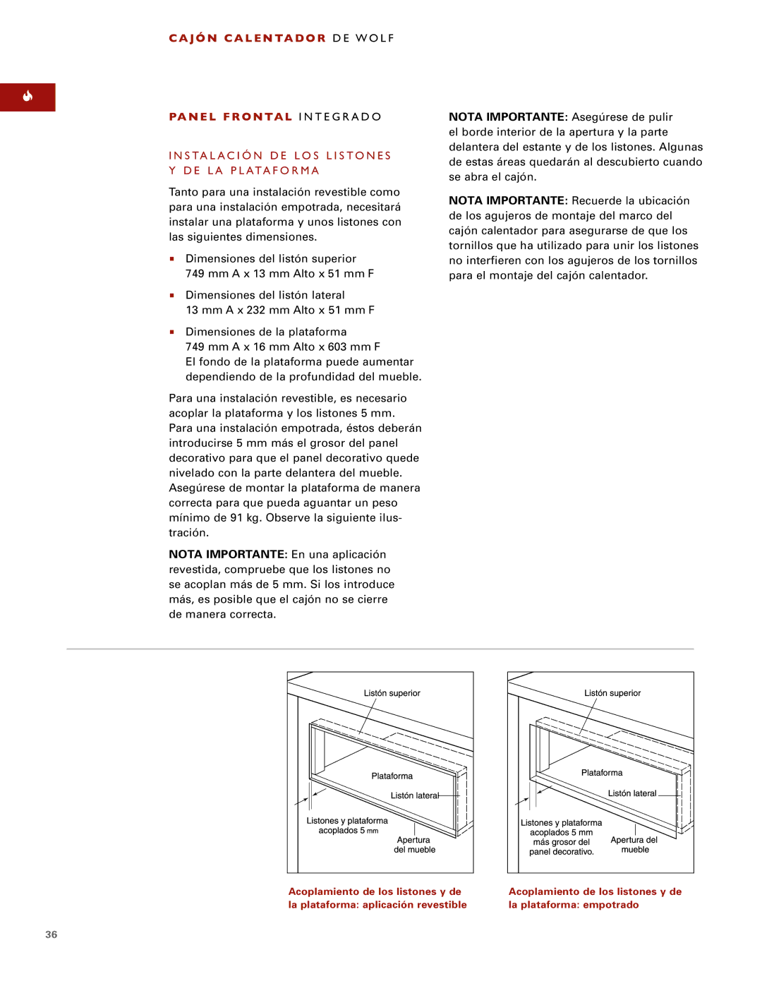 Wolf ICBWWD30 installation instructions Instalación DE LOS Listones Y DE LA Plataforma 