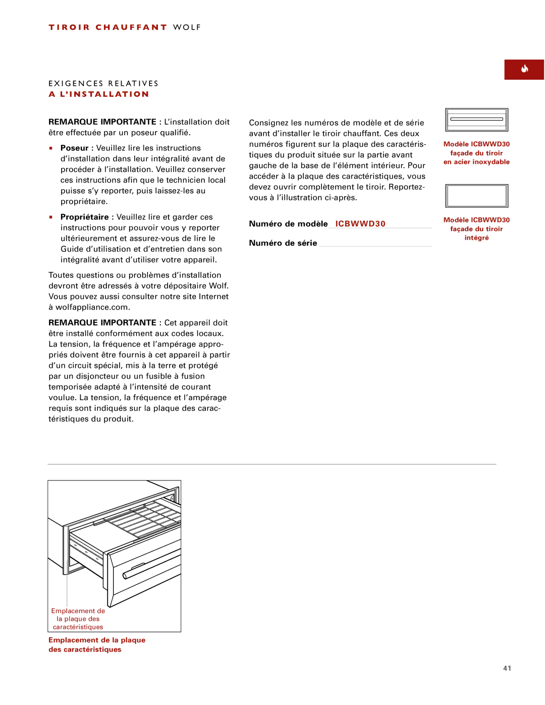 Wolf ICBWWD30 installation instructions R O I R C H a U F F a N T Wolf, Exigences Relatives, ’ I N S Ta L L At I O N 