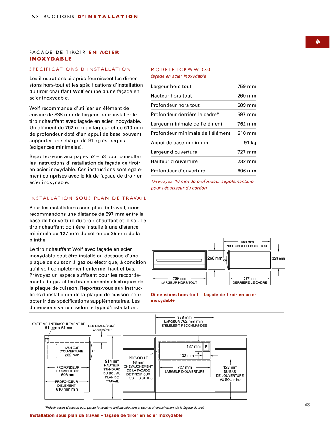 Wolf ICBWWD30 installation instructions Facade DE Tiroir E N AC I E R, Ox Y Da B L E, Specifications D’INSTALLATION 