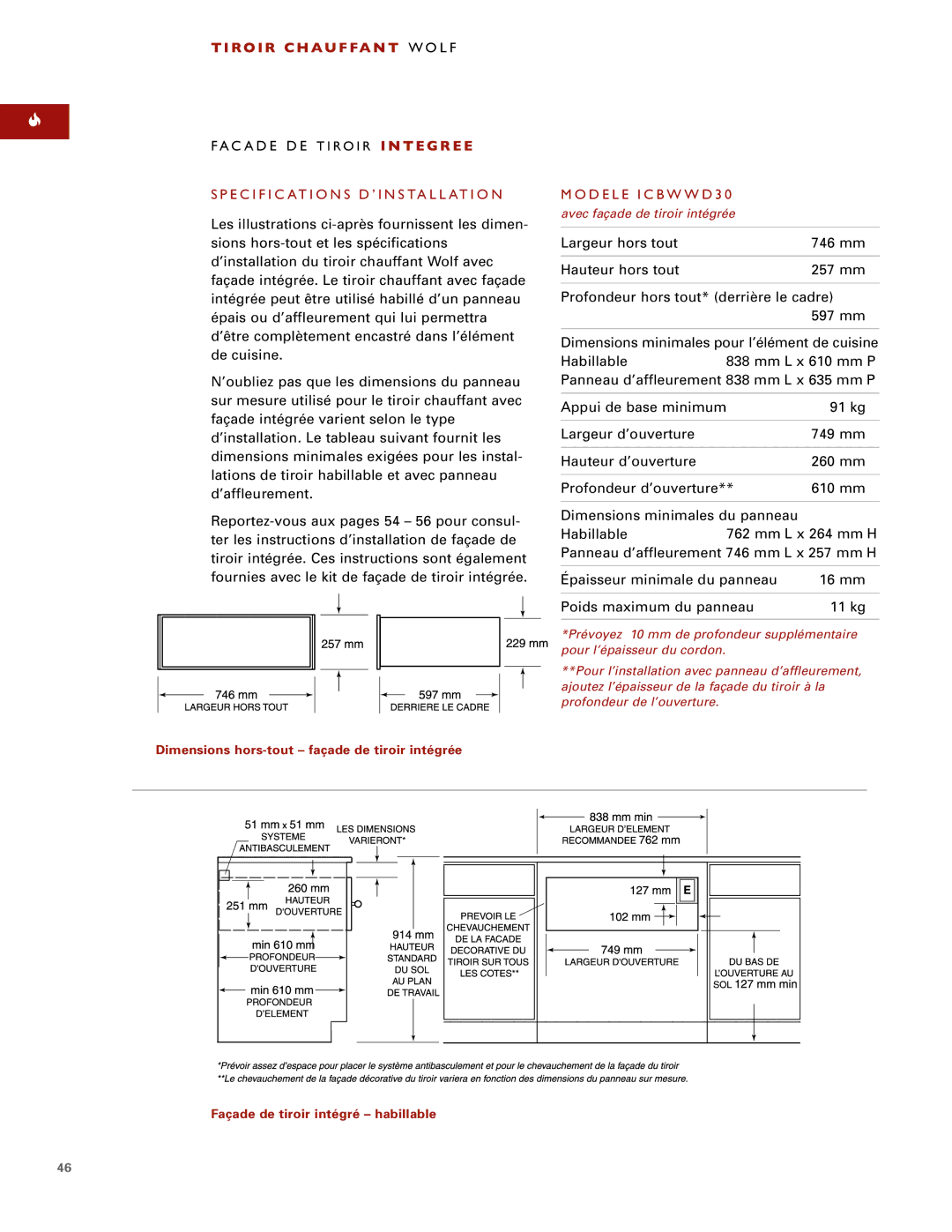 Wolf ICBWWD30 installation instructions Dimensions hors-tout façade de tiroir intégrée 