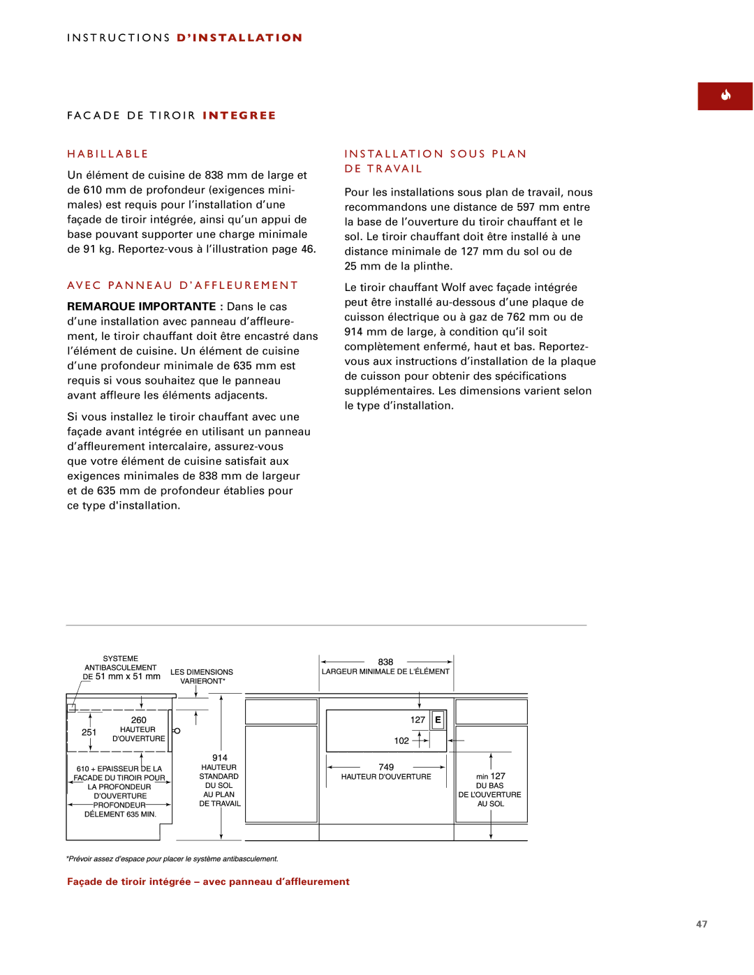 Wolf ICBWWD30 S T Ru C T I O N S D ’ I N S Ta L L At I O N, Facade DE Tiroir I N T E G R E E, Habillable 