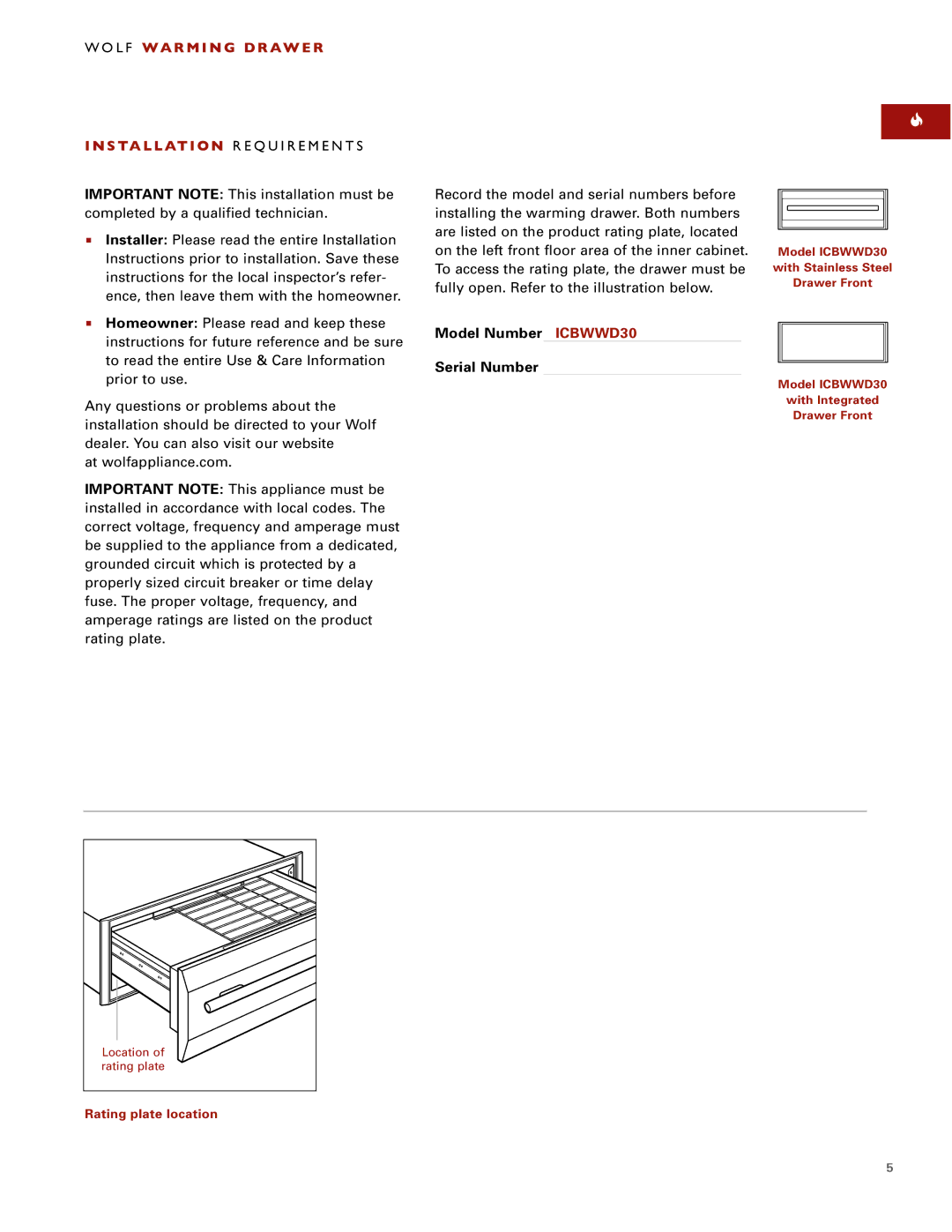 Wolf ICBWWD30 installation instructions Wolf WA R M I N G D R AW E R, S Ta L L At I O N R E Q U I R E M E N T S 