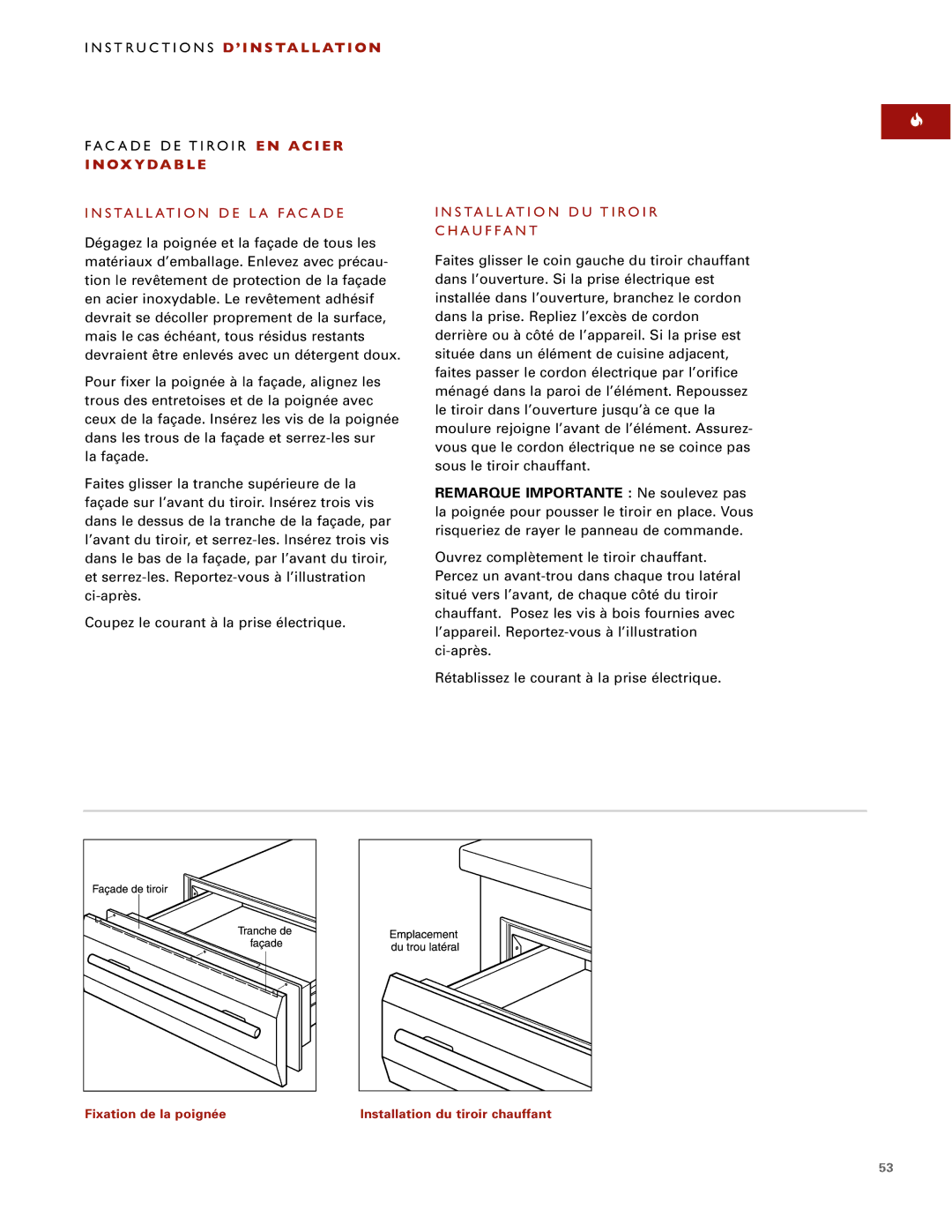 Wolf ICBWWD30 installation instructions Installation DE LA Facade, Installation DU Tiroir Chauffant 