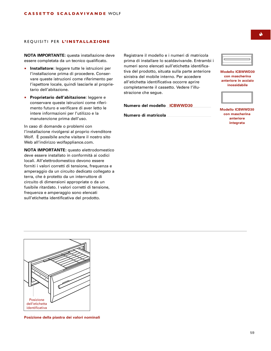 Wolf installation instructions Numero del modello ICBWWD30 Numero di matricola 