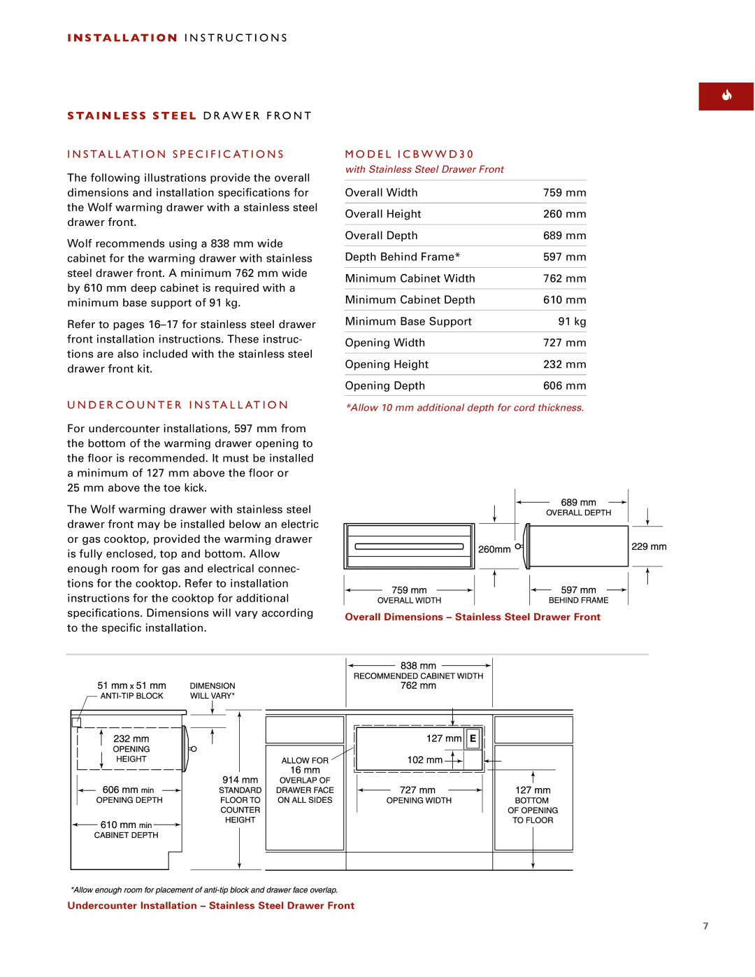 Wolf installation instructions Installation Specifications, Undercounter Installation, Model ICBWWD30 