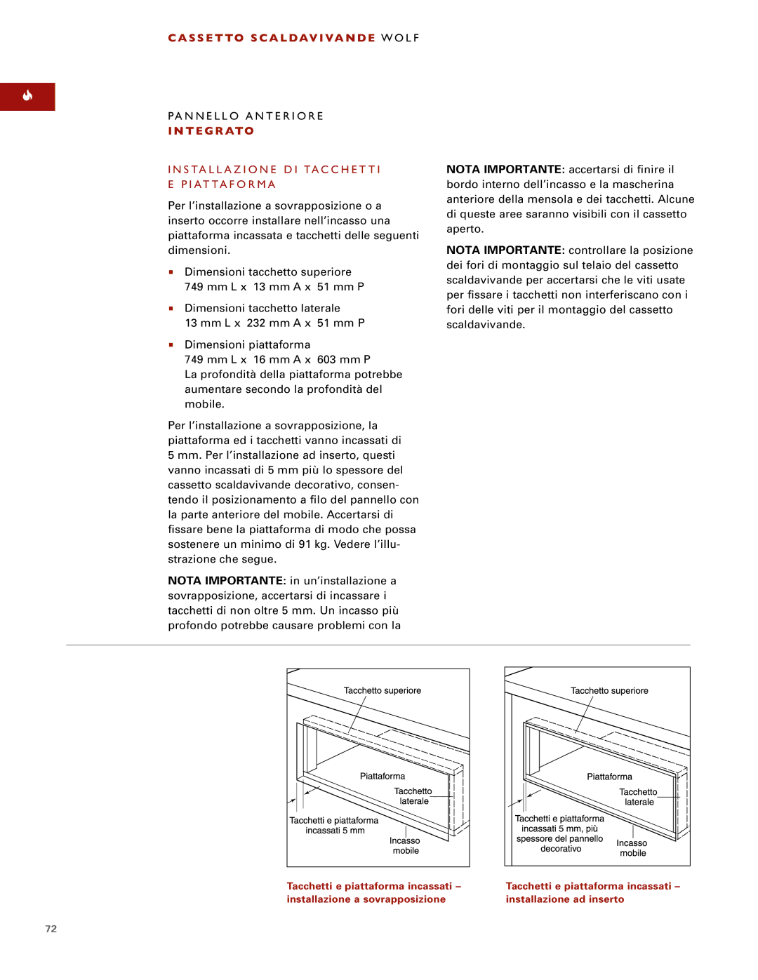 Wolf ICBWWD30 installation instructions Pannello Anteriore, T E G R Ato, Installazione DI Tacchetti E Piattaforma 