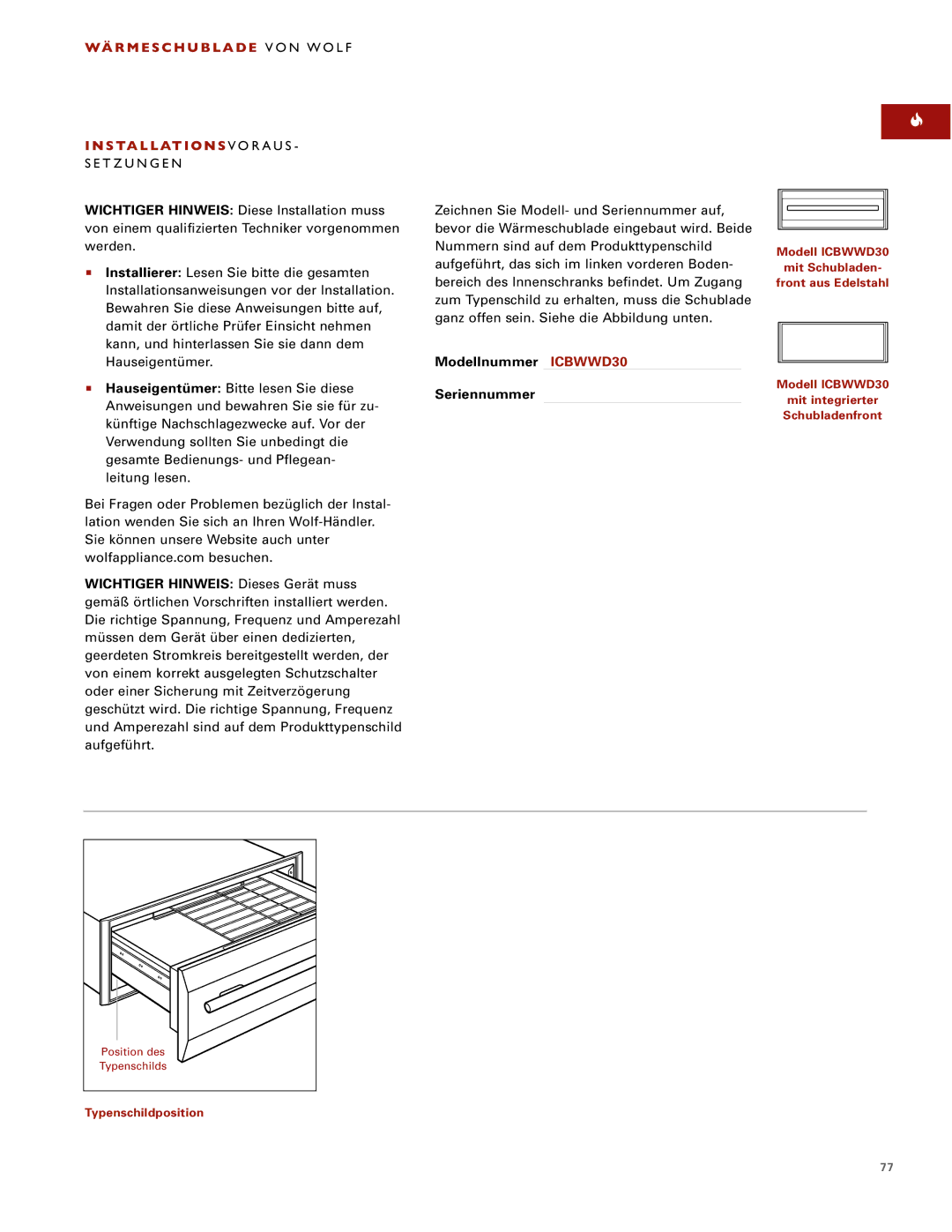 Wolf installation instructions Modellnummer ICBWWD30 Seriennummer 