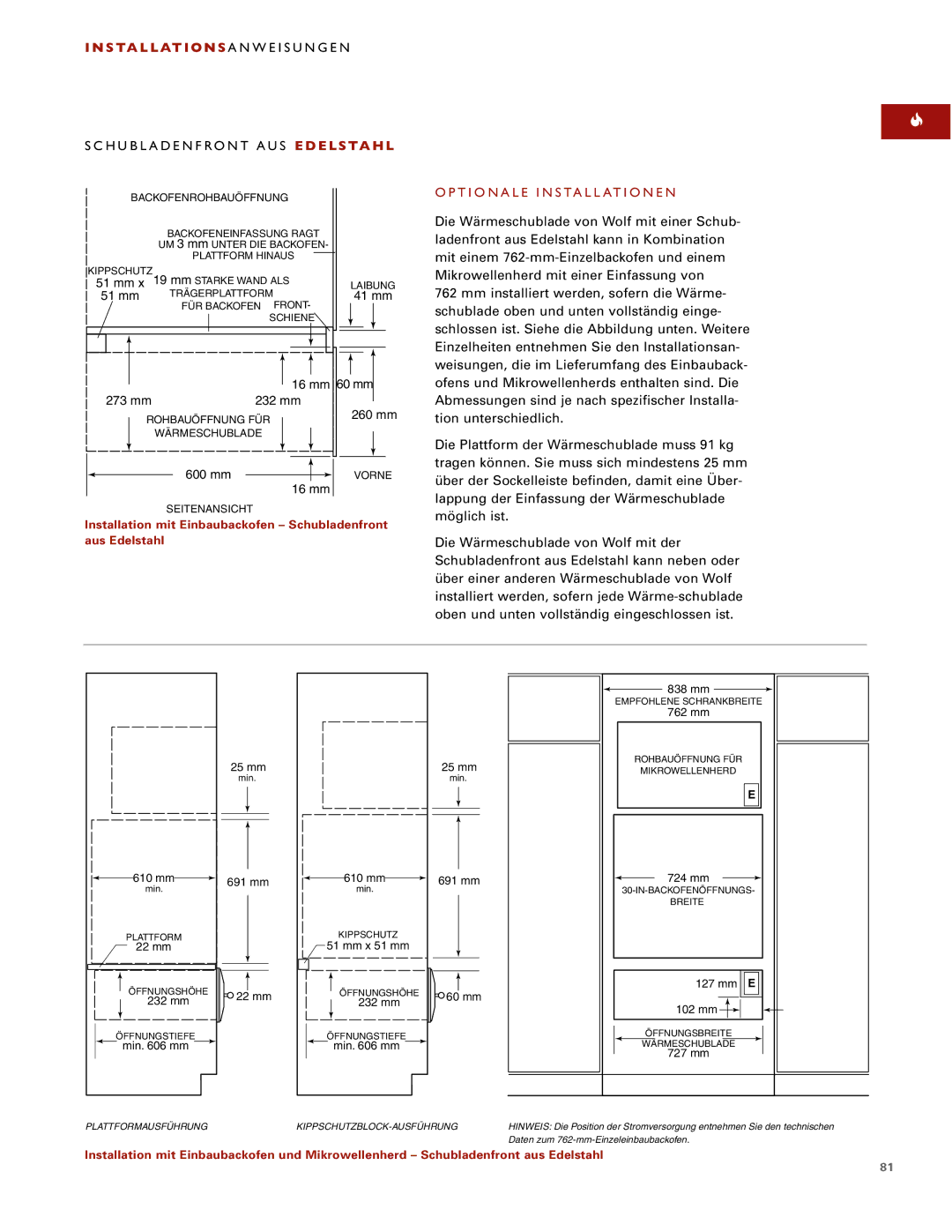 Wolf ICBWWD30 installation instructions Optionale Installationen, Backofenrohbauöffnung 