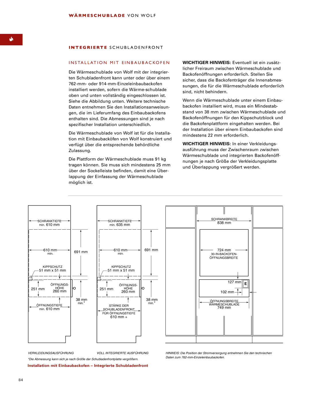 Wolf ICBWWD30 installation instructions Installation mit Einbaubackofen Integrierte Schubladenfront 