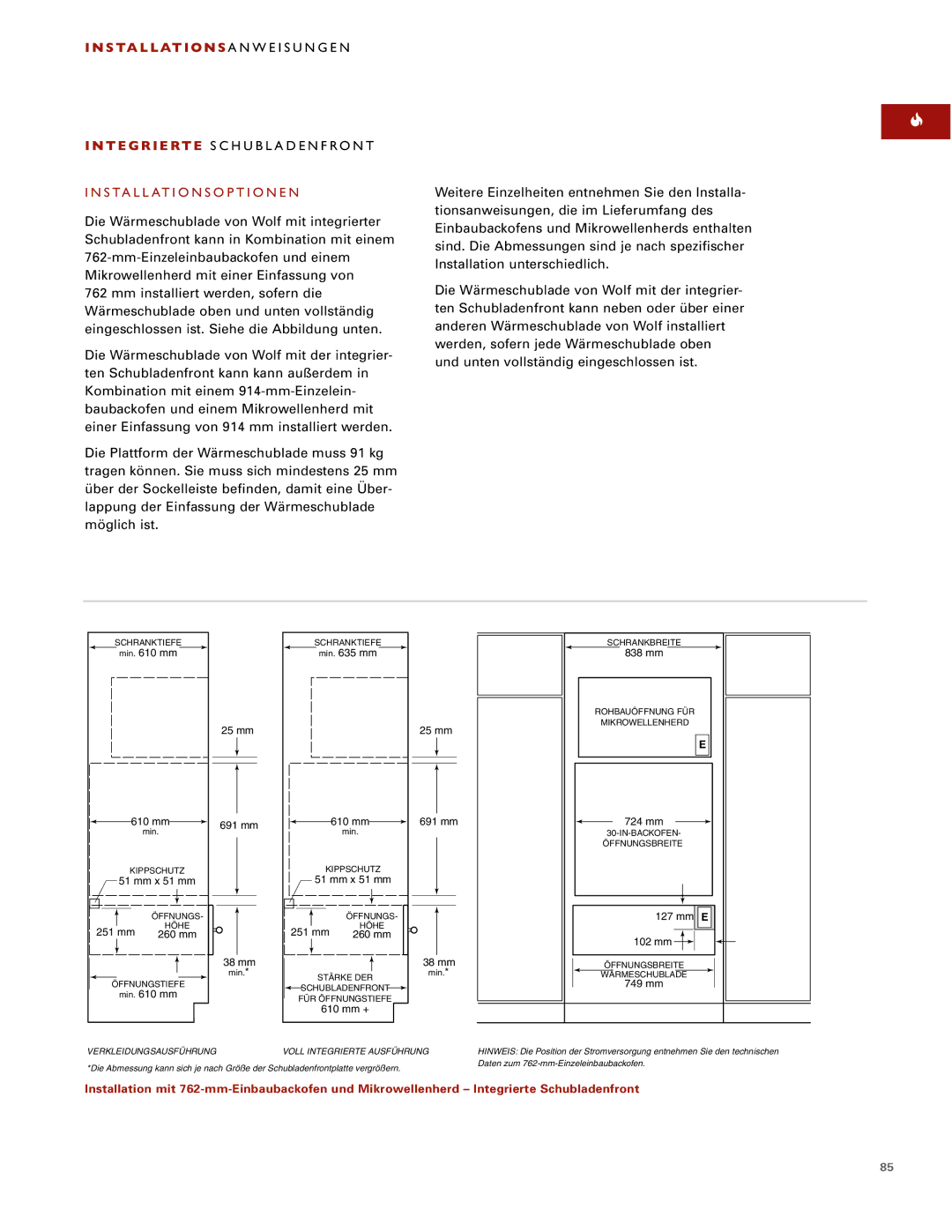 Wolf ICBWWD30 installation instructions Installationsoptionen, 610 mm + 749 mm 