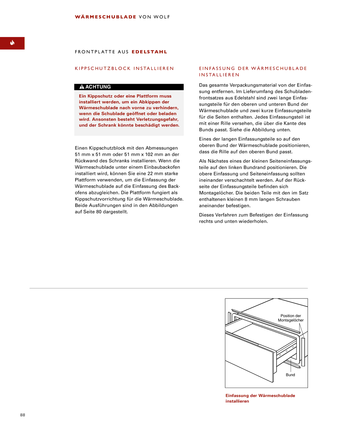 Wolf ICBWWD30 installation instructions Kippschutzblock Installieren, Einfassung DER Wärmeschublade Installieren 