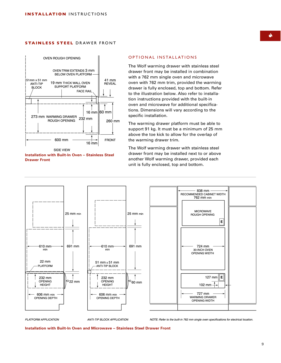 Wolf ICBWWD30 installation instructions Optional Installations 