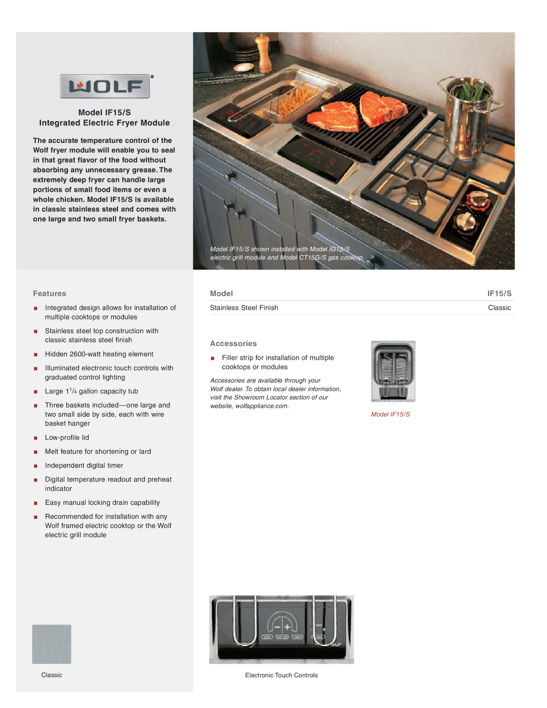 Wolf manual Model IF15/S Integrated Electric Fryer Module, Features, Accessories, Classic Electronic Touch Controls 