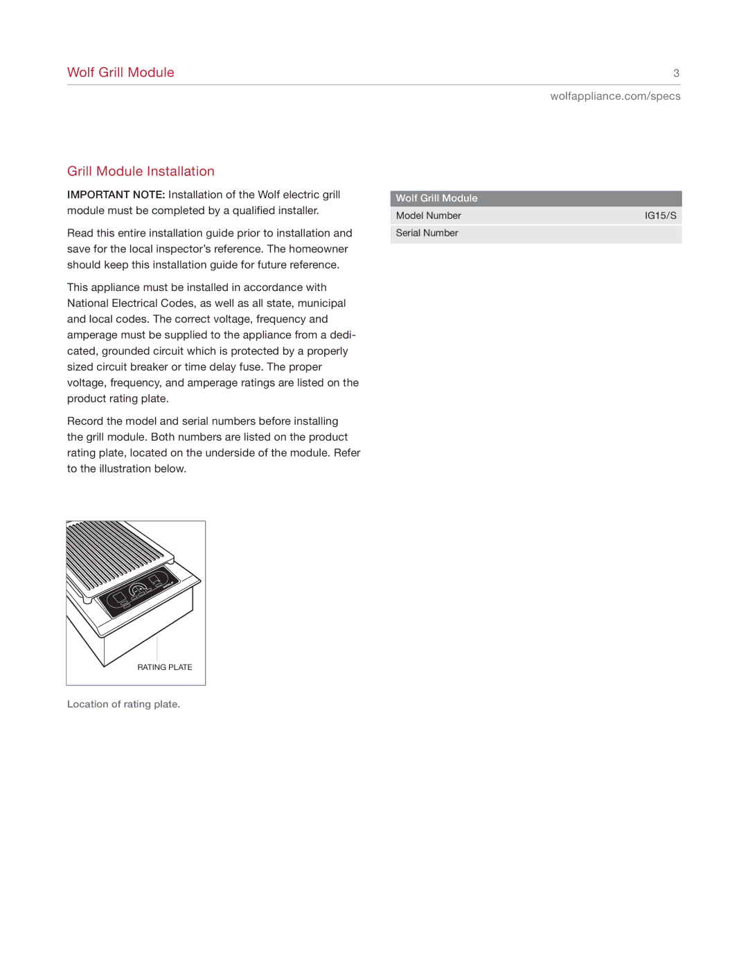 Wolf IG15/S manual Wolf Grill Module Grill Module Installation 