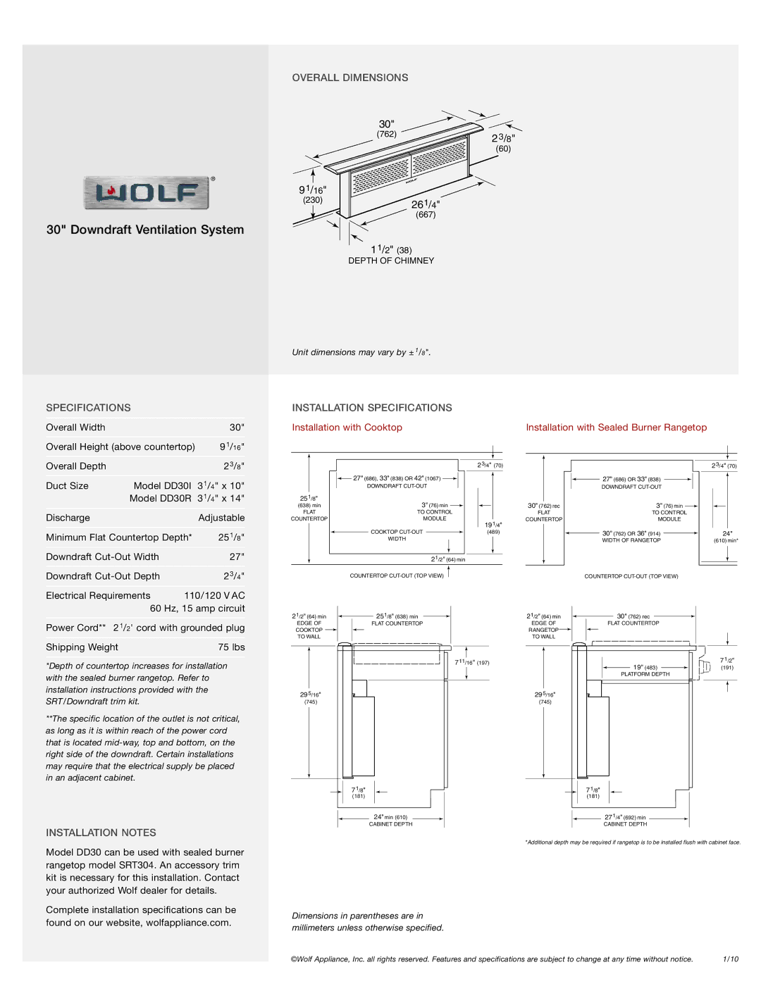 Wolf DD30I, IM15/S, DD30R, CT15G/S manual Overall Dimensions, Installation Specifications, Installation Notes 