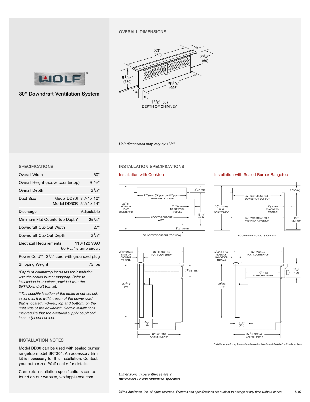 Wolf DD30I Overall Dimensions, Installation Specifications, Installation Notes, Downdraft Ventilation System, 91/16 