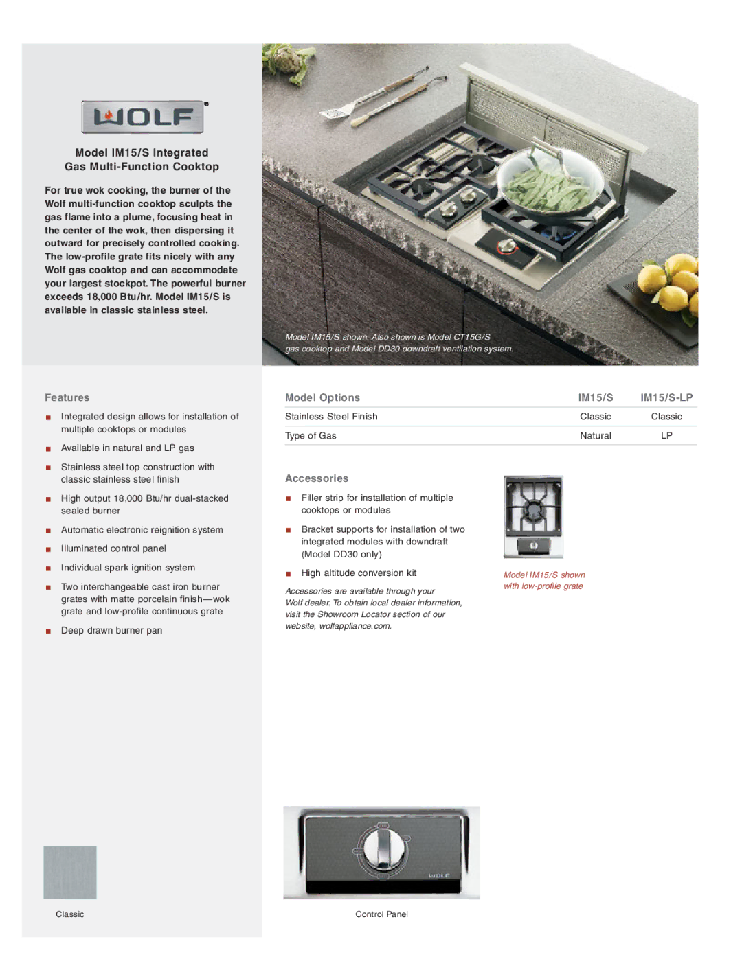 Wolf manual Model IM15/S Integrated Gas Multi-Function Cooktop, Features, Model Options IM15/S, IM15/S-LP, Accessories 