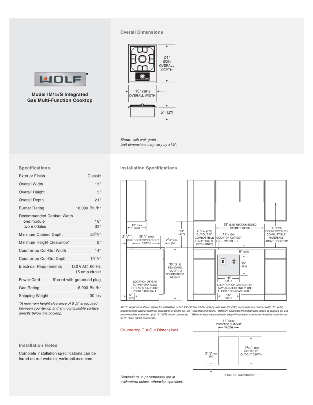 Wolf IM15/S manual Overall Dimensions, Specifications Installation Specifications, Installation Notes 