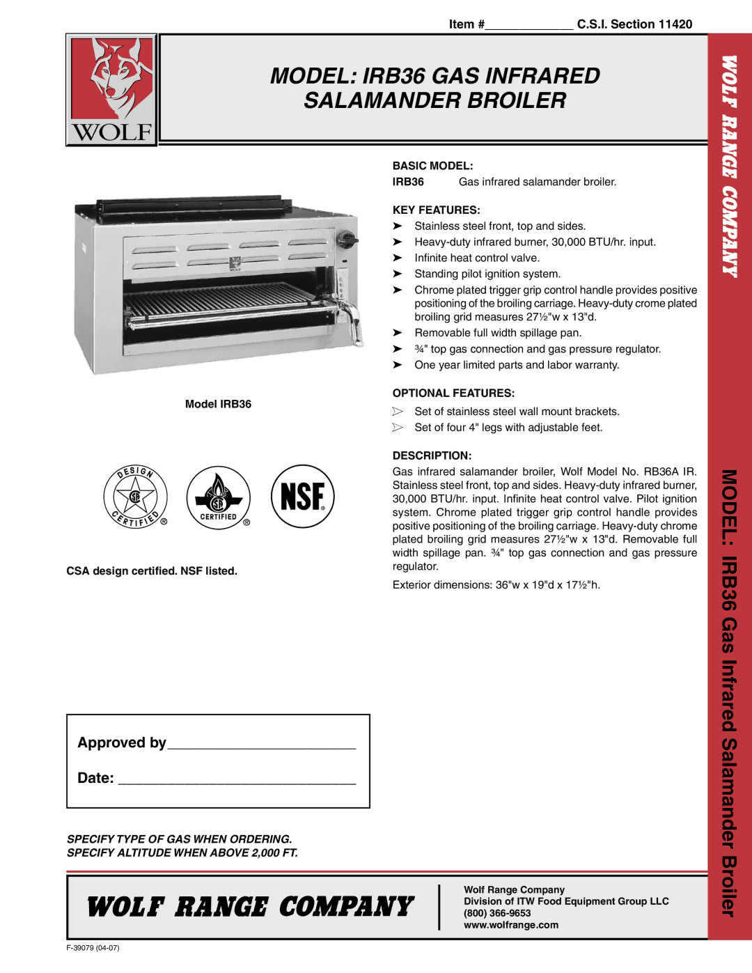 Wolf warranty Model IRB36 GAS Infrared Salamander Broiler, Model IRB36 Gas Infrared, Approved by Date 